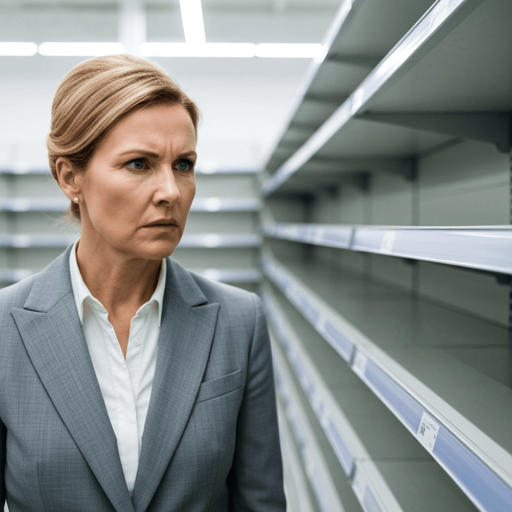 Executiva frustrada olhando prateleiras vazias - problema de portfólio limitado